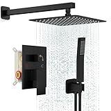 FPXRNG Black Shower Faucet Set, Rainfall Shower System with Square Shower Head and Handle Set, Wall Mounted Shower Fixtures, Full Metal Trim Repair Kit 8 inch Matte Black (With Shower Valve)