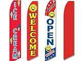 4 Swooper Flags Ice Cream Shop Store Sundae Open Welcome Red White Blue Yellow
