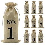 Shintop 10pcs Jute Wine Bags, 14 x 6 1/4 inches Hessian Numbered Bottle Gift Bags with Drawstring for Blind Wine Tasting (Brown)