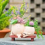 OLINLIFE Smily Face Planter Pot, Cute Parent-Child Reading Resin Head Planter for Indoor Outdoor Plants, Succulent Flower Pots with Drainage Hole, DIY Gift Decorative Novelty Planter