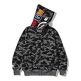 RICK TOP ONE Camouflage Hoodie with Shark Embroidery, Full Zip, Lightweight Couple Sweatshirt (US, Alpha, 3X-Large, Regular, Regular, Dark Grey)