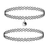BodyJ4You 2PC Tattoo Choker Necklace - 90s Choker Necklace Women - 2000s Y2K Black Chokers - Yin Yang Silvertone Charm Pendant - Vintage Emo Stretchy Elastic Necklace