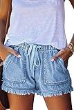 YOCUR Jean Shorts Stretch Waist Light Wash Women Casual Baggy Denim Shorts Fringe Drawstring Pockets Short Pants Light Blue XL