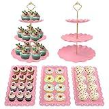 NAXIHOPT 5 Pcs Dessert Table Display Set, Pink Plastic 2 Pcs Round 3 Tier Cupcake Stand Cup Cake Tower Stand with Metal Rod & 3 Pcs Serving Tray for Baby Shower, Tea Party, Wedding, Birthday Party