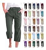 Womens Capris for Summer, Capri Pants for Women Casual 2025 Summer Drawstring Elastic High Waist Linen Pants Straight Wide Leg Capris Cropped Trouser A01 Army Green,XXL