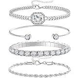 17IF 4 Pcs Dainty Silver Bracelets Set for Women 14K Plated Link Cubic Zirconia Paperclip Stack Layering Chain Adjustable Trendy Hand Jewelry (Silver)