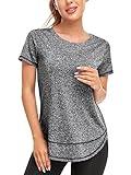 Abrooical Womens Crew Neck Casual Workout Tops Activewear Yoga Gym Sports Shirts Stretch Tunic Dark Grey X-Large