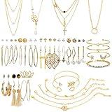 AROIC 38 PCS Jewelry Set with 4 PCS Necklace,10 PCS Bracelet,24 PCS Layered Ball Dangle Hoop Stud Earrings for Women Jewelry Fashion and Valentine Birthday Party Gift