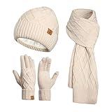 Winter Beanie Warm Hat Long Scarf Touchscreen Glove Set with Fleece Lined Skull Caps Neck Warmer Scarves for Men&Women (Beige)