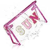 COSHAYSOO Clear Makeup Bag Sunscreen Pouch Summer Things Accessories Waterproof Beach Pool Essentials Stuff Air Cruise Travel Toiletry Gifts for Women Teenage Girls with Chenille Letter Pink SUN
