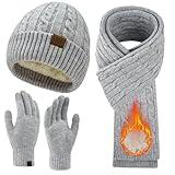 MA COWCF Womens Winter Beanie Hat Scarf Gloves Set, Winter Knit Touch Screen Gloves Long Scarf Skull Caps Fleece Lined Winter Gift for Women Men(Light Gray)