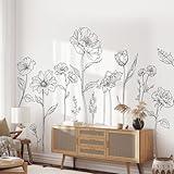 Large Black Boho Flower Wall Decals, 3 Sheets Simple Sketch Floral Wall Stickers Peony Wildflower Peel Stick Wall Art Decor Bedroom Home Room Office Garden Hall Adult Gifts for Mom(11.8x35.4 in/Sheet)
