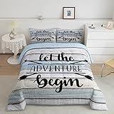 Adventure Travel Comforter Set Queen Size Rustic Farmhouse Cabin Wood Print Quilted Duvet Set Kids Teens Girls Boys Bedroom Decor Outdoor Sports Camping Bedding Set White Blue Vintage Quilt Set 3pcs