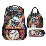Homexzdiy Kids Backpack for Boys, Baseball Bookbags with Lunchbox Bundle for Children Students, Lightweight Baseball Bookbag Set for Elementary Middle School, Back to School Supplies