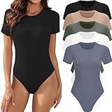 MLYENX 5 Pack Body Suits for Womens Short Sleeve Round Neck Casual Stretchy Basic T Shirt Bodysuit Tops M