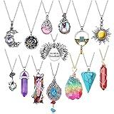 SUNNYOUTH 14 Pcs Vintage Crystal Pendant Necklaces for Women Chakra Healing Carnelian Necklace Bohemian Retro Sunflower Necklace Sun and Moon Pendants