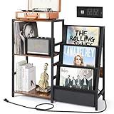 Bikoney Record Player Stand with Power Outlet, Turntable Stand with 3-Tier Vinyl Record Storage, Record Player Table Up to 200 Albums, Records Shelf, Vinyl Record Holder Cabinet for Living Room