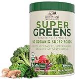COUNTRY FARMS Organic Super Greens Natural Flavor, 50 Organic Super Foods, Packed with Fiber, USDA Organic Drink Mix, Fruits, Vegetables, Mushrooms & Probiotics, Supports Energy, 6g Fiber