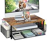 Wood Desk Organizers and Accessories, 2-Tier Computer Monitor Stand with Drawer, Pen Storage & Tablet Phone Holder, Office Desk Accessories, Workspace Desktop Organization for Office Supplies（Brown）