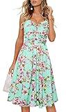 Drimmaks Women's Casual Sundress Sweetheart Neck Button Down Ruched Chest Flared Midi Summer Women Dress(044-Green Floral, L)