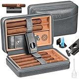TISFA Cigar Humidor Case Leather Cedar Wood Lined Cigar Box with Cigar Lighter, V Cutter, Holder Stand 3 in 1, Hygrometer Humidifier 2 in 1, Travel Humidor Cigar Case Hold 6 Cigars (Textured Gray)