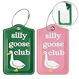 BHronony Silly Goose Luggage Tags - 2pcs Funny Goose Club Baggage Suitcase Tag Holder for Travel Cruise, Cute Leather Identifiers with Stainless Steel Loop and Name Card for Men Women Bag (Pink Green)