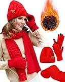 Womens Winter Knit Warm Hat Beanie Long Scarf Touch Screen Gloves Set Fleece Lined Skull Caps Neck Scarves Gift Set for Women