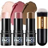 Lezero 3Pcs Contour Stick Makeup Kit, Shades with Highlighter, Blush and Bronzer Trio for Sculpt the Cheeks and Body, Long Lasting, Smooth, Dewy & Matte Finish, LIGHT MEDIUM (02,05,06)