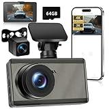 NICEWIN Dash Cam Front and Rear - 4K Ultra HD Dual Dash Camera for Cars 3'' IPS Screen Dash Cam for Cars with App|64GB Card Free|WDR|Super Night Vision|24 Hours Parking Mode|G-Sensor|160°Wide-Angle