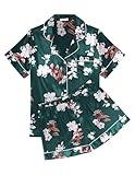 Ekouaer Silk Pajama Sets Women's Short Satin Pjs Button Up Notch Collar Sleepwear Breathable 2 Piece Nightwear Set,Floral Green,Medium