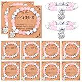 Landical 12 Set Back to School Teacher Gifts from Students New School Year Gifts Thank You Natural Stone Apple Bracelet for Women Birthday Teacher with Message Cards(Pink,White)
