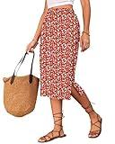 Naggoo Floral Midi Skirts for Women Summer Calf Length Side Slit Long Straight Skirt Red Floral XXL
