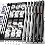 Nicpro 0.5 & 0.7 & 0.9 mm Metal Mechanical Pencil Set with Case, 6PCS MP1000 Artist Lead Pencil with 12 Tubes HB & 2B Lead Refills, 3 Erasers For Architect Art Writing Drafting Sketching Drawing