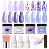 AZUREBEAUTY Purple Twilight Bloom Dip Powder Nail Kit Starter with Base, Top Coat, Activator, Spring Summer Dried Flowers for French Nails Art Manicure DIY Salon