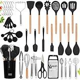 Home Hero 44 Pcs Silicone Kitchen Utensils Set, Non-Stick Silicone Cooking Utensils Set with Spatula, Wooden Handle Spatula, Silicone Kitchen Gadgets Utensil Set (44 Pcs - Black)