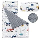 PHF Toddler Nap Mat with Removable Pillow and Minky Fleece Blanket, Rollup Design Warm Slumber Bags for Boys, 52"x20" Kids Sleeping Bag for Daycare Preschool Travel Camping, Truck and Digger