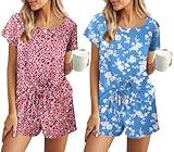 Ekouaer Short Pajamas for Women 2pc Sleepwear Classic Short Sleeve Pj Shorts Set Fashion Sleep Set Pink Leopard Blue Floral,Large