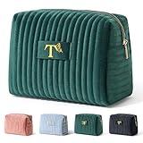 COSHAYSOO Travel Makeup Bag Quilted Make Up Pouch Initial Velvet Cosmetic Case with Butterfly Decorations for Womens Fashion Trending Birthday Easter Valentines Gifts Ideas Unique Green Letter T