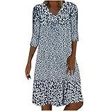 Generic Prime of Day Deals Today 2024 3/4 Sleeve Knee Length Dress for Women 2024 Casual Comfy Loose Fit Midi Dresses Womens Summer Boho Floral Dresses, 1#blue