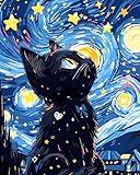 Yunnuo Paint by Numbers for Adults Black Cat, Paint by Numbers Kit on Canvas for Beginners, Starry Night Number Painting Set Craft Supplies, 3 Paintbrushes and Acrylic Paint 16x20 Inch