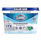 Clorox Ultra+ Dishwasher Detergent Pacs, 60 Count, Stain Fighting, No Prewash Needed, Removes Burnt-on Food, Crisp Fresh Scent Pods - Packaging May Vary