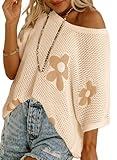 Dokotoo Womens Floral Crochet Hollow Out Sweaters Top Spring Crew Neck Short Sleeve Pullover Shirt Lightweight Knit Sweater Blouse Vacation Outfits for Women,Apricot Small