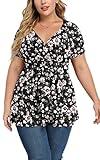 TIANZHU Plus Size Tops For Women Peplum Tunic Top Empire Waist Shirt Short Sleeve Babydoll Blouse Top Low Cut F Pink Black 4XL