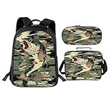 Luxvio Bass Fish School Backpack for Teens Kids Kindergarten Elementary Middle School Fishing 3-Pcs Bookbag, Camo Fish Back Pack for Boys Girls Children Fishing Book Bag, Small Modern Bag