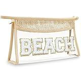 Boho Hand-woven Makeup Bag, Chenille Letter Patch Clear Travel Pouch, Rattan Straw Bag Clear Cosmetic Sunscreen Bags, Women Summer Retro Travel Beach Bag Essentials (Boho Beige)