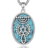 Vito 925 Sterling Silver Messianic Seal Necklace for Women Men, Turquoise Jesus Fish Star of David Hebraic Roots Pendant Religion Jewish Jewelry Gift for Mom Wife, 22"