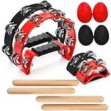 Eorbow 12 Pcs Tambourines for Adults, Hand Held Half Moon Tambourine with Foot Tambourine Wood Rhythm Sticks and Egg Shakers, Double Row Metal Jingles Hand Percussion Instrument Set for Party
