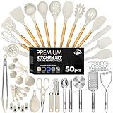Kaluns 50 PCS Silicone Kitchen Utensils Set Complete Kitchen Set - 800°F Heat Resistant Non-Stick Premium Silicone Cooking Utensils W Wooden Handles - Can Opener, Masher, Turner, Silicone Spatula Set