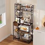 Artswish Bakers Rack with Power Outlet, 8-Tier Microwave Stand with Drawer, Coffee Bar Station with Basket and 10 S Hooks, 72 x 35 x 14.6 Inch Kitchen Appliance Shelves Rack with Storage, Rustic Brown