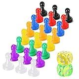 26 Pieces Multicolor Board Game Pieces and Dice Include 24 Multicolor Plastic Pawn Chess Pieces and 2 Plastic 6-Sided Game Dices, Chess Game Pieces Dice Set for Board Game Components Table Marking